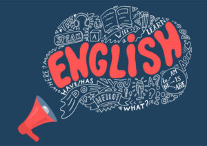 English. Megaphone with language hand drawn pen doodles and lettering in form of talk bubble. English education concept.